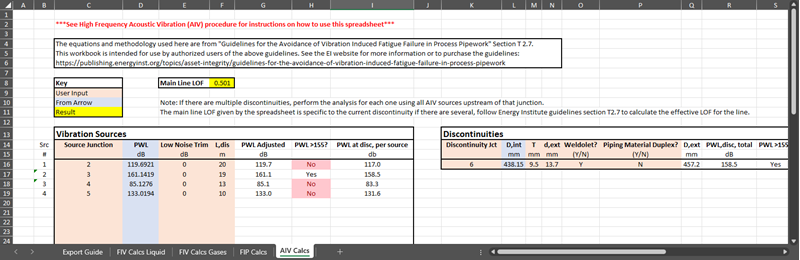 Screen shot of the Flow Induced Vibration Calculation Excel document